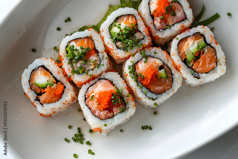 Sushi Dish Centered, Top View, Japanese Cuisine and Food Art Sushi Dish Centered, Top View, Japanese Cuisine and Food Art
