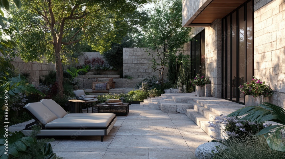 It offers a serene outdoor retreat with clean lines, modern furniture, and potted plants. It offers a serene outdoor retreat with clean lines, modern furniture, and potted plants.
