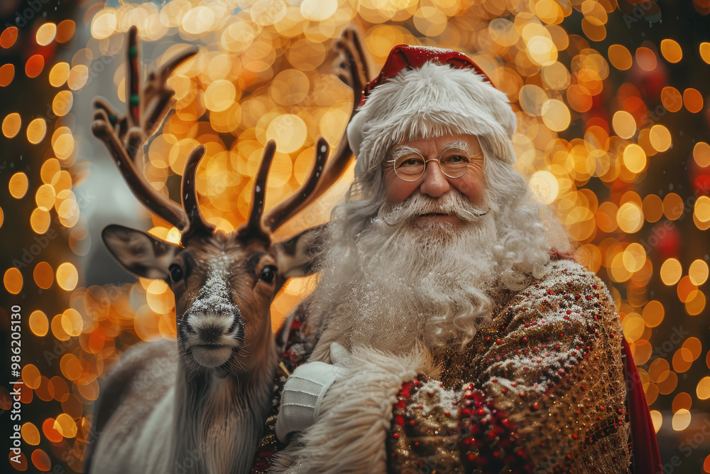 Santa claus and a reindeer stand outdoors in a snowy city street, spreading holiday joy with twinkling lights and a festive atmosphere. Perfect for greeting cards and holiday ads