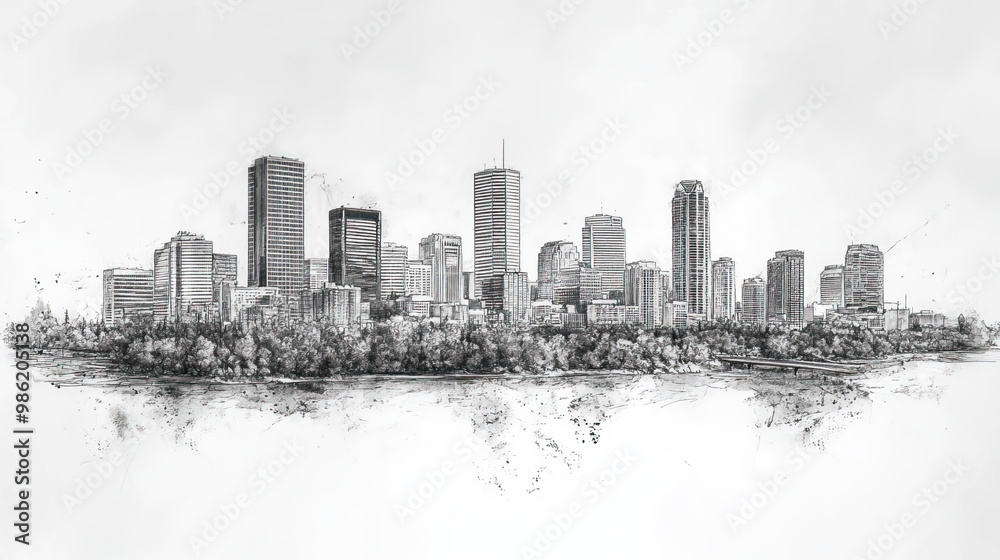 Obraz premium Edmonton, Canada, black and white pen pencil hand-drawn effect drawing illustration for travel poster, card, wallpaper, backdrop or banner. Modern, clear, artistic and simple