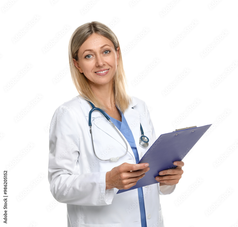 Portrait of doctor in medical uniform with stethoscope and clipboard isolated on white Portrait of doctor in medical uniform with stethoscope and clipboard isolated on white