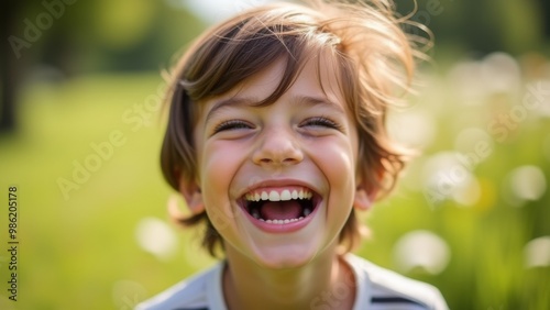 Generative AI, a young boy smiles while standing in a field of flowers and grass with his eyes closed and his hair blowing in the wind, portrait photography, a stock photo, verdadism
