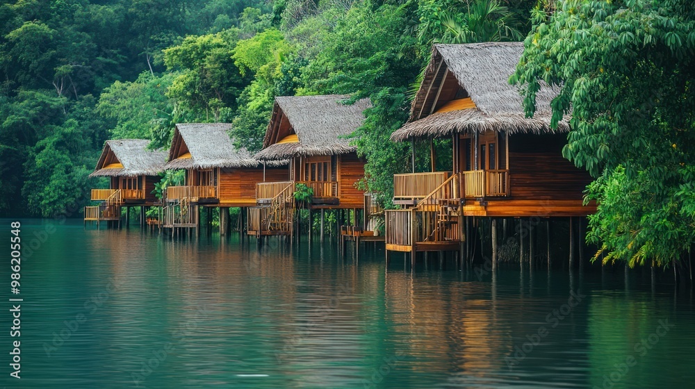 Fototapeta premium Wooden houses on stilts over calm water with lush green foliage.