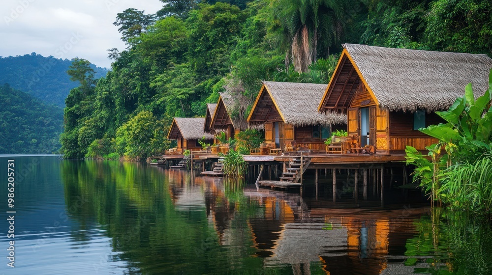 Wooden bungalows on stilts over a calm lake surrounded by lush tropical vegetation. Wooden bungalows on stilts over a calm lake surrounded by lush tropical vegetation.