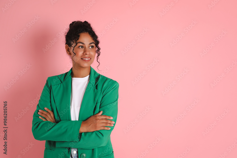 Beautiful woman in stylish jacket on pink background, space for text Beautiful woman in stylish jacket on pink background, space for text