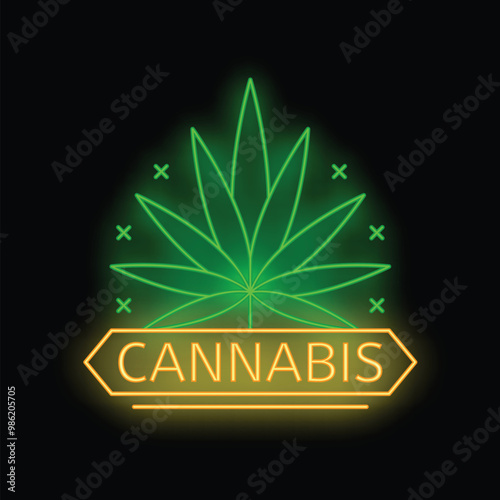 Neon sign showing a cannabis leaf is glowing on a black background