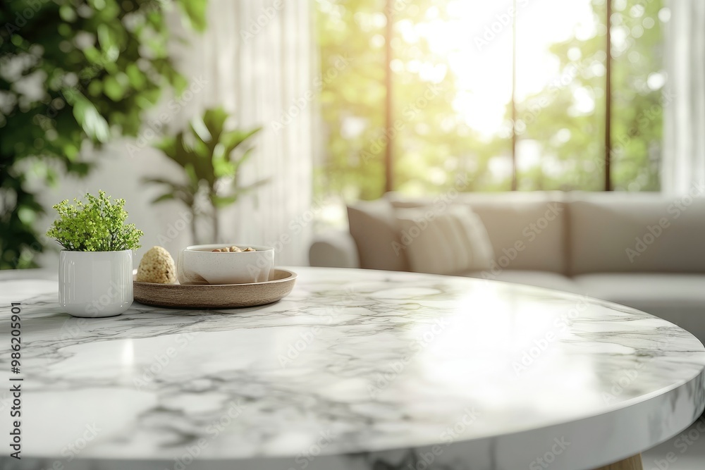 Marble tabletop with set of light meals and empty space for montage over blurred Scandinavian living room with generative ai Marble tabletop with set of light meals and empty space for montage over blurred Scandinavian living room with generative ai