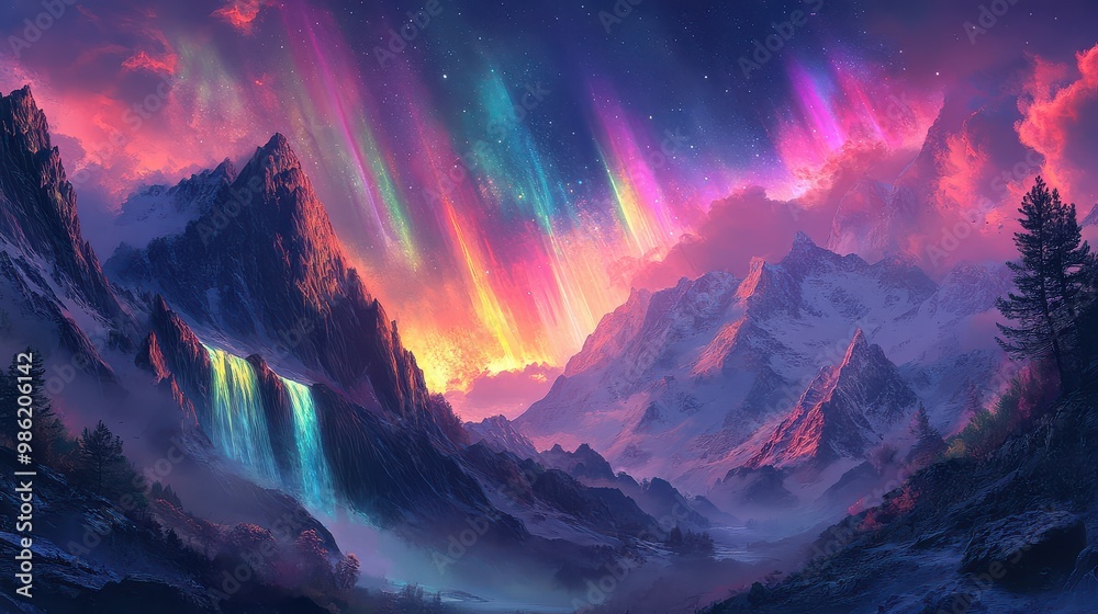 Obraz premium A beautiful mountain landscape with a waterfall and a sky full of colorful auroras. Scene is serene and peaceful, with the natural beauty of the mountains