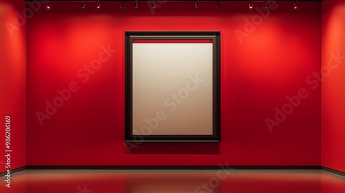 A large empty frame centered on a vivid red wall, highlighted by sleek track lighting from above, casting a soft glow around the minimalist space. photo