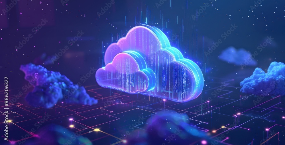 Naklejka premium Abstract digital cloud with glowing effects surrounded by vibrant colors and floating clouds in a futuristic setting