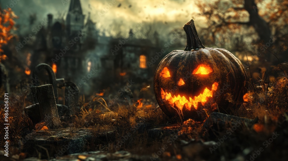 Naklejka premium Pumpkin zombie rising out of graveyard cemetery