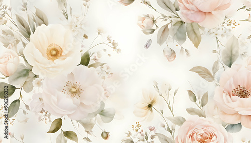 "Seamless Botanical Design with Soft Pink and Red Roses, Leaves, and Delicate Flowers"
