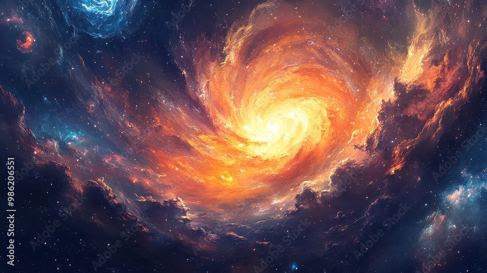Obraz premium A colorful galaxy with a spiral in the middle. The spiral is orange and yellow. The sky is filled with clouds and stars