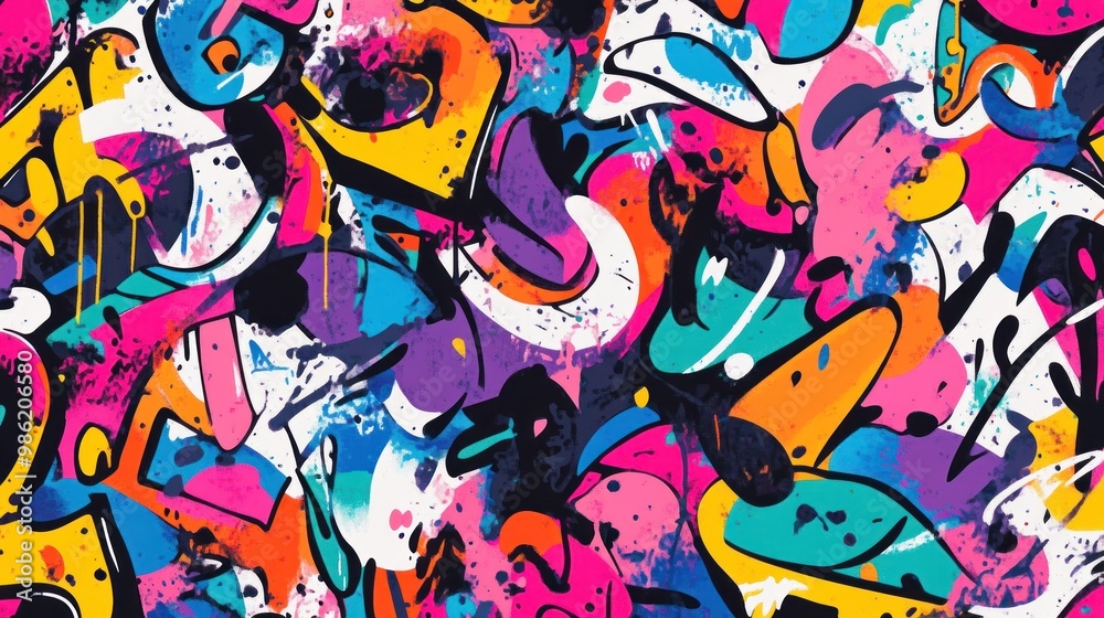 Naklejka premium Colorful abstract graffiti pattern with black outlines.