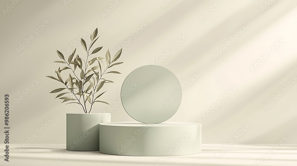 A minimalist product display in green and beige with a branch and sunlight shadows, perfect for showcasing simplicity. A minimalist product display in green and beige with a branch and sunlight shadows, perfect for showcasing simplicity.
