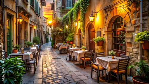 Cozy Italian restaurant in historic alleyway at sunset, Italy, restaurant, cozy, evening, romantic