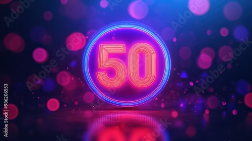 Sale and discount illuminated in neon light design for business banner symbolizing shop bright offers with glowing 50 percent signs electric night ambiance background off special retro marketing price