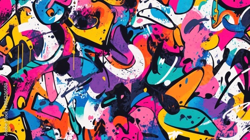 Colorful abstract graffiti pattern with black outlines.