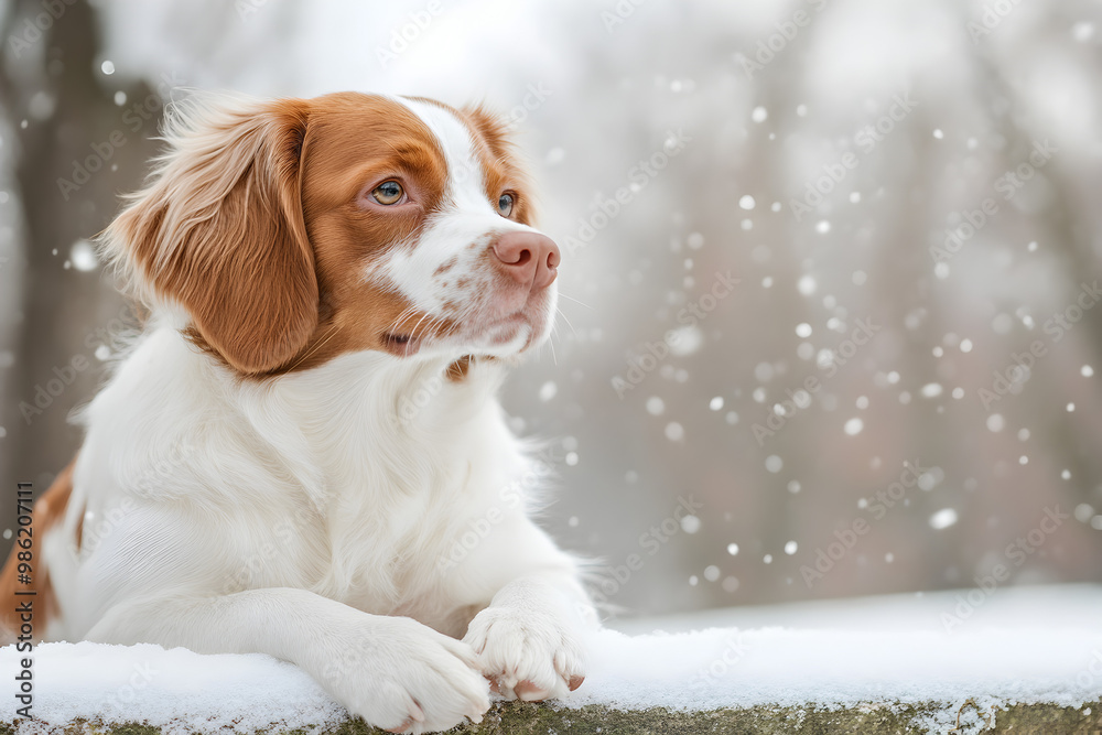 Brittany Spaniel Dog in Winter Park, Energetic Canine in Snowy Setting Brittany Spaniel Dog in Winter Park, Energetic Canine in Snowy Setting