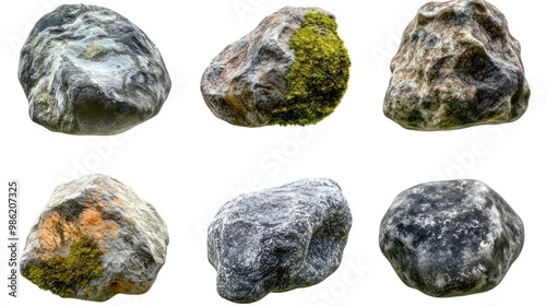 Six different smooth, moss covered rocks, isolated on white background.