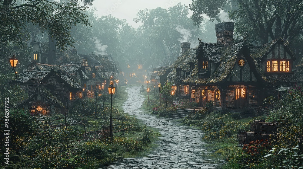 Obraz premium A village with houses and a path in the middle. The houses are small and have a rustic feel. The path is lined with trees and has a few lights along it