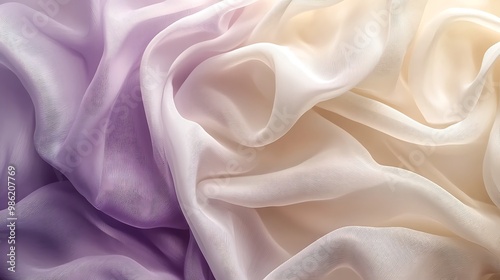 Draped purple and beige fabric forms an abstract texture, blending luxury with earthy tones.