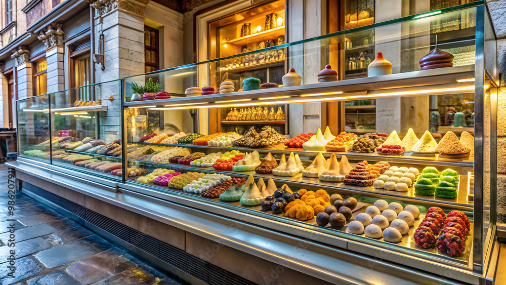 Italian gelateria in Rome with a show window filled with sweet treats , gelato, ice cream, Rome, Italy, dessert, sweet, cafe Italian gelateria in Rome with a show window filled with sweet treats , gelato, ice cream, Rome, Italy, dessert, sweet, cafe