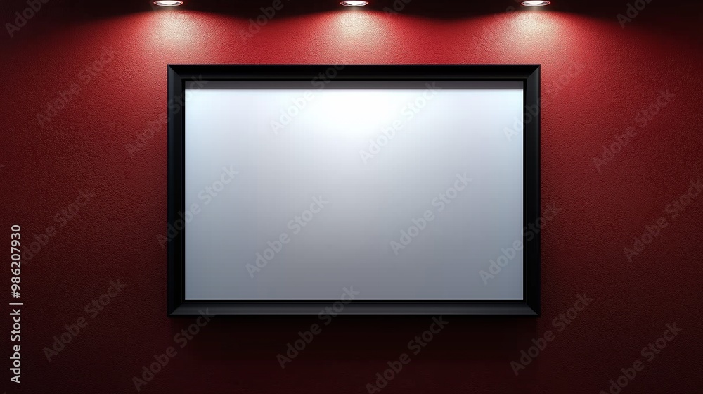 A rectangular blank frame in sleek black, mounted on a crimson red wall, illuminated by soft yet direct lighting from above, giving the setting an artistic gallery vibe. A rectangular blank frame in sleek black, mounted on a crimson red wall, illuminated by soft yet direct lighting from above, giving the setting an artistic gallery vibe.