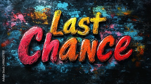 Brightly colored 'Last Chance' text stands out on a dark, splattered paint background, conveying the urgency of a final opportunity or last call for action.