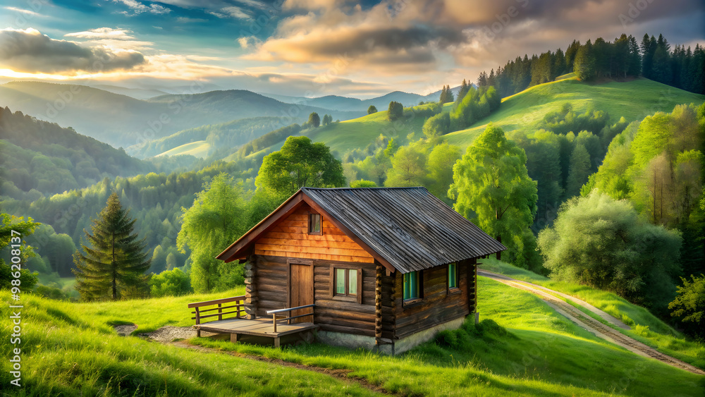 Secluded wooden cabin nestled in the serene countryside surrounded by lush greenery and rolling hills, retreat, solitude Secluded wooden cabin nestled in the serene countryside surrounded by lush greenery and rolling hills, retreat, solitude