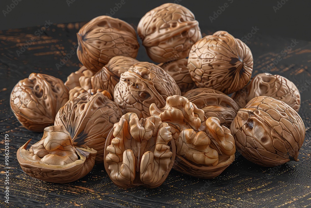 A cluster of walnuts, shells partially cracked open to expose the rich, brain-like texture of the nuts inside, set against a dark, rustic wooden surface. A cluster of walnuts, shells partially cracked open to expose the rich, brain-like texture of the nuts inside, set against a dark, rustic wooden surface.