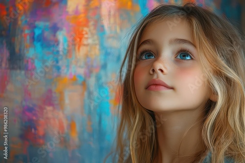 young girl in art gallery mesmerized by abstract painting vibrant colors reflecting on her face capturing wonder creativity and the power of art