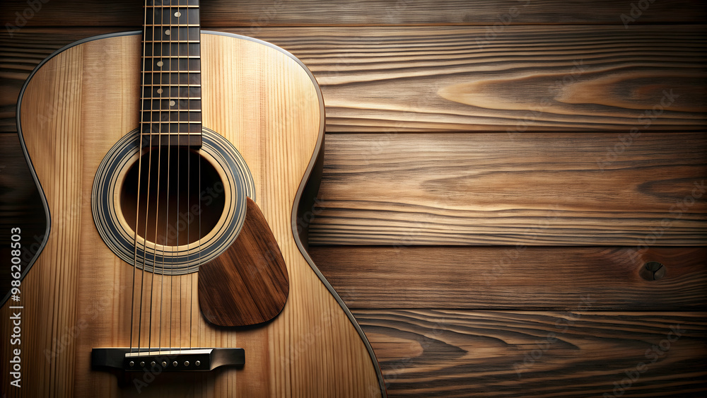 Fototapeta premium Close up of an acoustic guitar with wood grain texture, music, instrument, strings, melody, musician, musician, acoustic