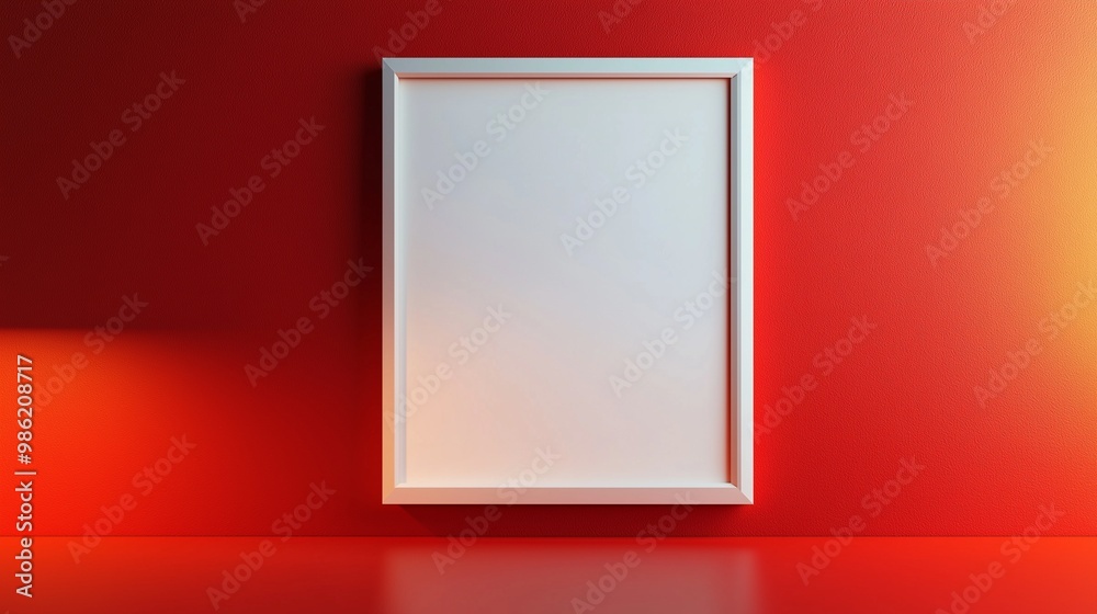 A slim white frame placed on a vivid red wall, with diffused, warm lighting creating a soft glow that adds depth and style to the modern aesthetic. A slim white frame placed on a vivid red wall, with diffused, warm lighting creating a soft glow that adds depth and style to the modern aesthetic.