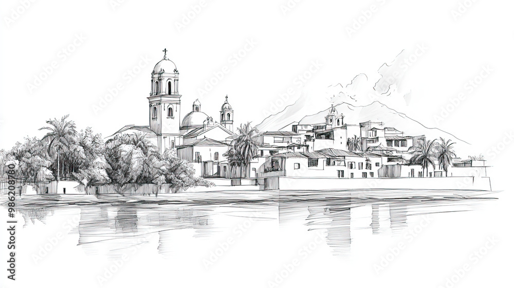 Fototapeta premium Estel, Nicaragua, black and white pen pencil hand-drawn effect drawing illustration for travel poster, card, wallpaper, backdrop or banner. Modern, clear, artistic and simple