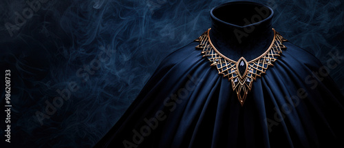 A royal vampire costume with a high collar, dark velvet cape, and elegant jewelry, surrounded by mist, in dark watercolor shades
