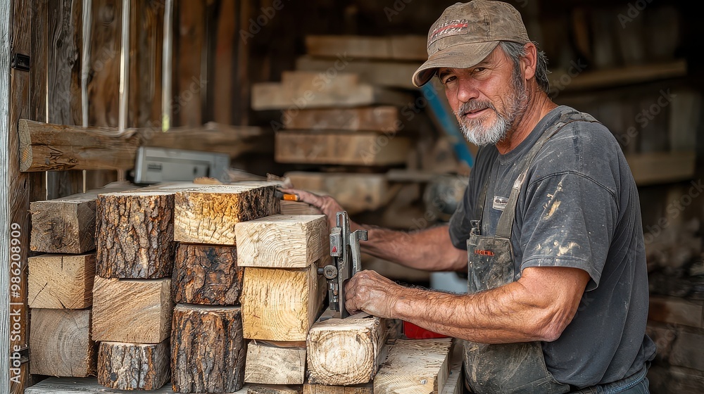 A man is working with wood in a workshop. He is wearing a hat and apron. The workshop is filled with wood pieces, including logs and planks. The man is focused on his work A man is working with wood in a workshop. He is wearing a hat and apron. The workshop is filled with wood pieces, including logs and planks. The man is focused on his work