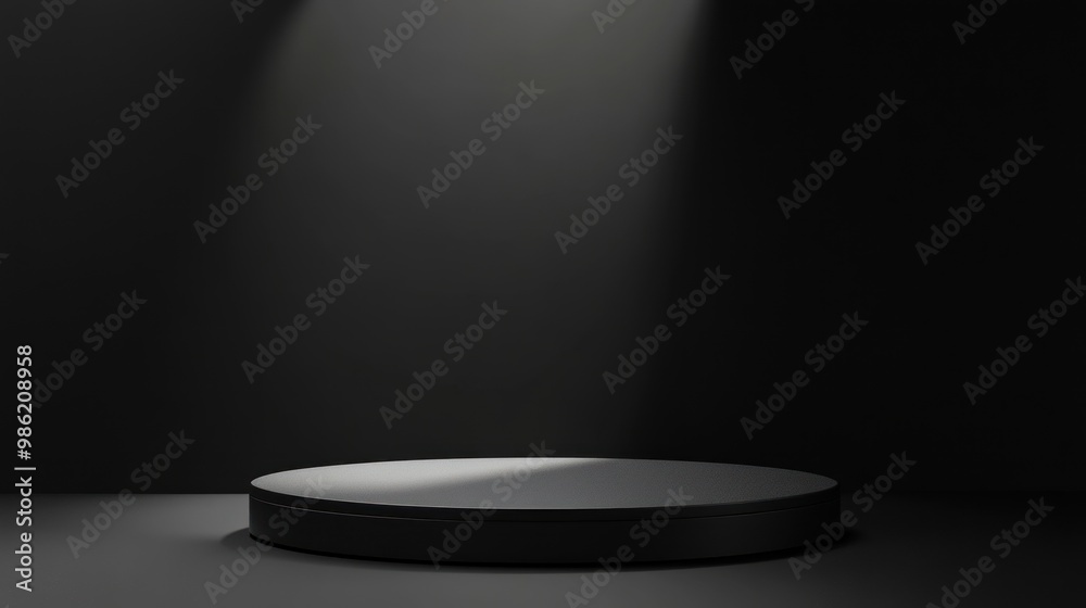 A single, black, round podium sits in the center of a dark, shadowed room. A single, black, round podium sits in the center of a dark, shadowed room.