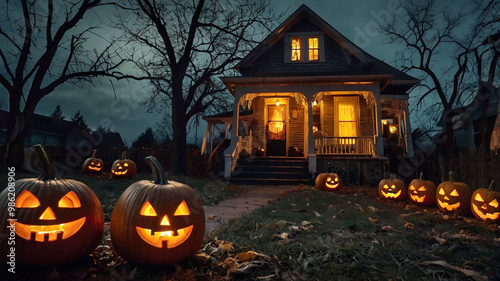 Spooky Halloween magic kids, haunted houses, creepy Jack-o-Lanterns, and spooky scenes