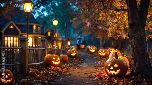 Spooky Halloween magic kids, haunted houses, creepy Jack-o-Lanterns, and spooky scenes