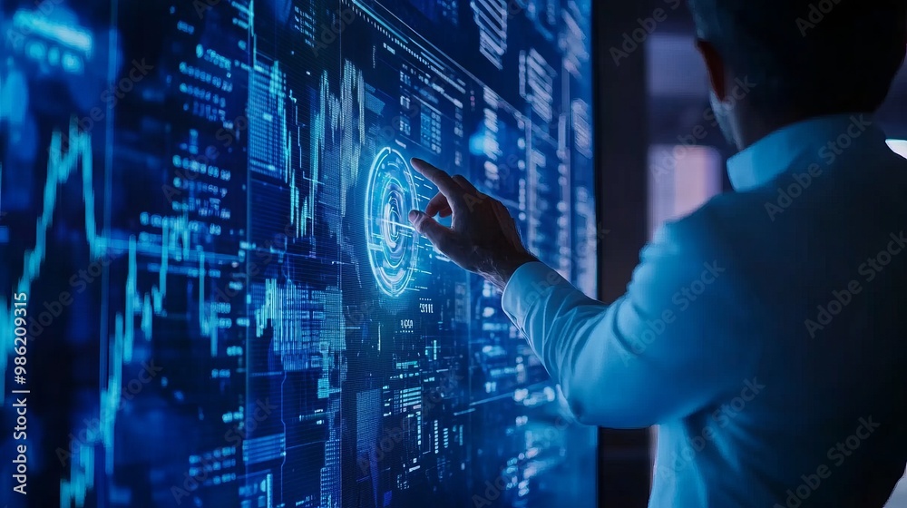 Man interacts with a large interactive screen filled with data, charts, and graphs. Man interacts with a large interactive screen filled with data, charts, and graphs.
