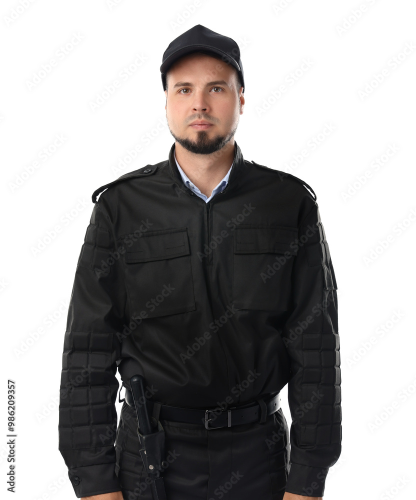 Young security guard in uniform isolated on white