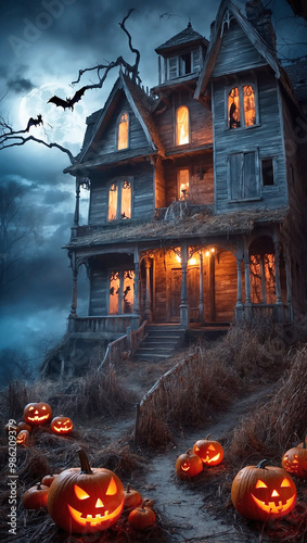 Spooky Halloween magic kids, haunted houses, creepy Jack-o-Lanterns, and spooky scenes