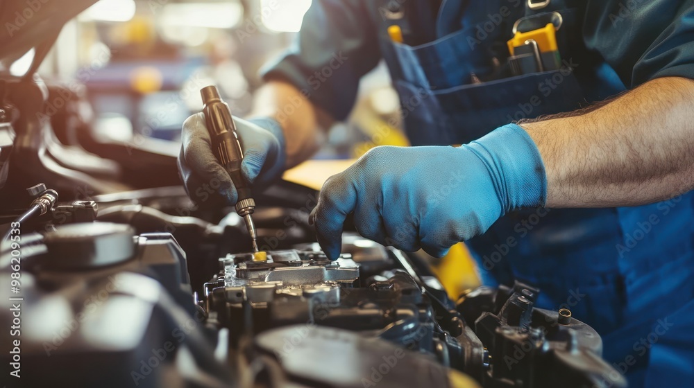 Close-up of a mechanic's hands using a screwdriver to repair a car engine. Close-up of a mechanic's hands using a screwdriver to repair a car engine.