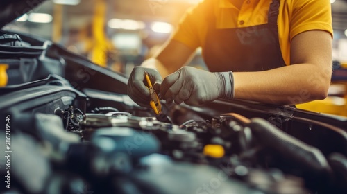 Close up of gloved hands working on car engine.