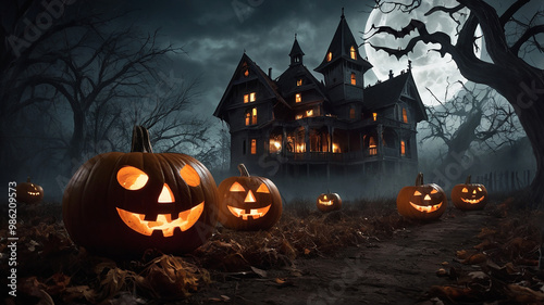 Spooky Halloween magic kids, haunted houses, creepy Jack-o-Lanterns, and spooky scenes