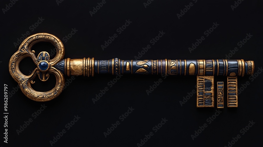 Ornate golden key with blue jewel and intricate details against black background. Ornate golden key with blue jewel and intricate details against black background.