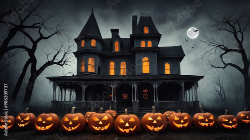 Spooky Halloween magic kids, haunted houses, creepy Jack-o-Lanterns, and spooky scenes