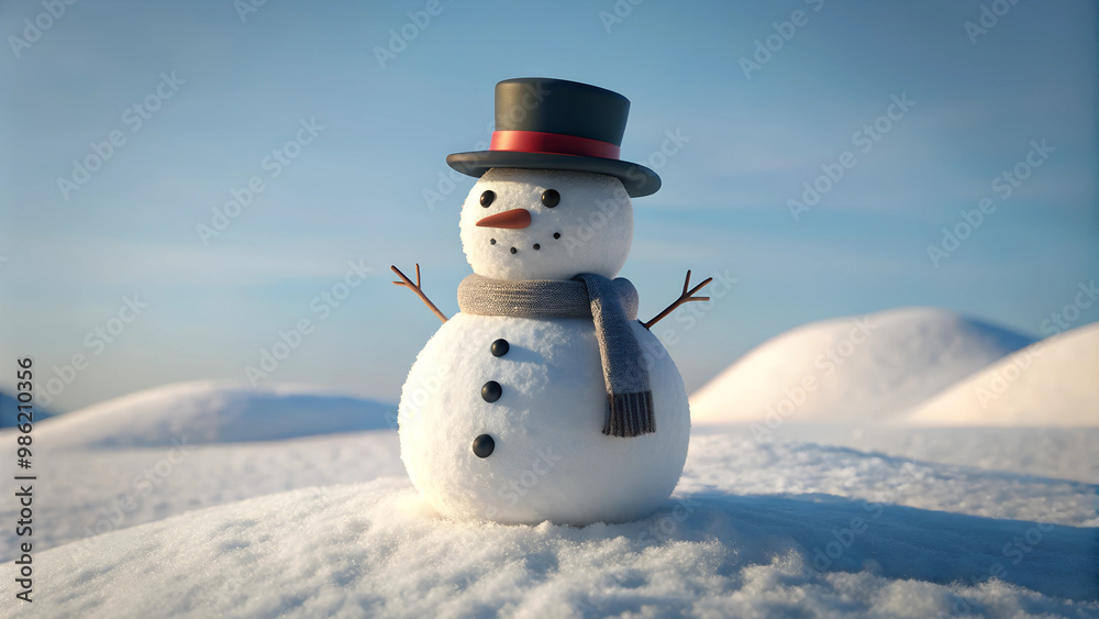 Obraz premium Snowman made of snow with simple black hat and scarf