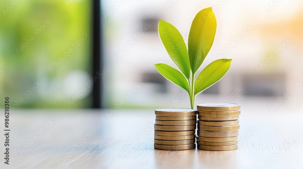 Growth Concept with Coins and Green Plant Sprout Growth Concept with Coins and Green Plant Sprout